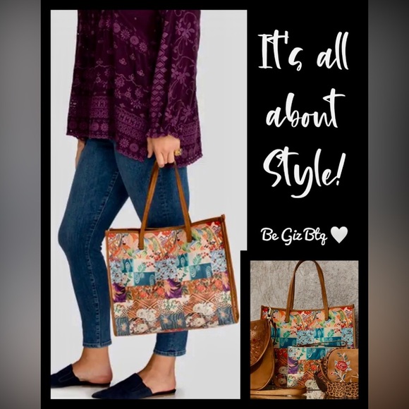 🆕 Johnny Was Grace Iconic Patchwork Tote Bag Tan Leather Iconic Patchwork Design - Picture 3 of 16